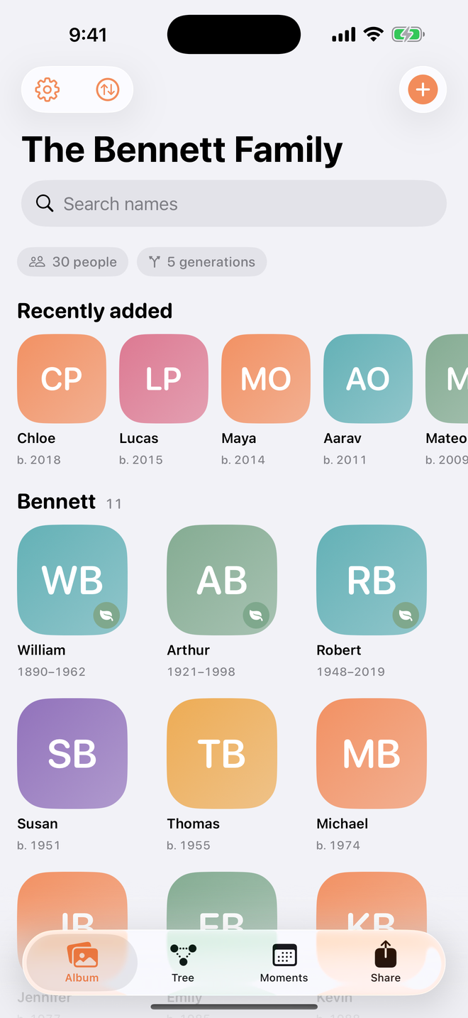 The Album screen: a grid of family photo tiles with names and years