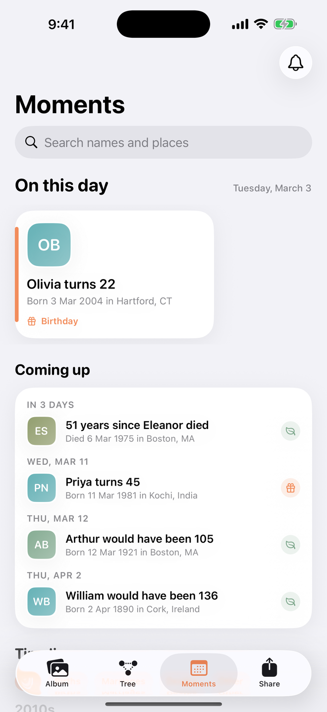 The Moments screen showing On This Day and upcoming dates
