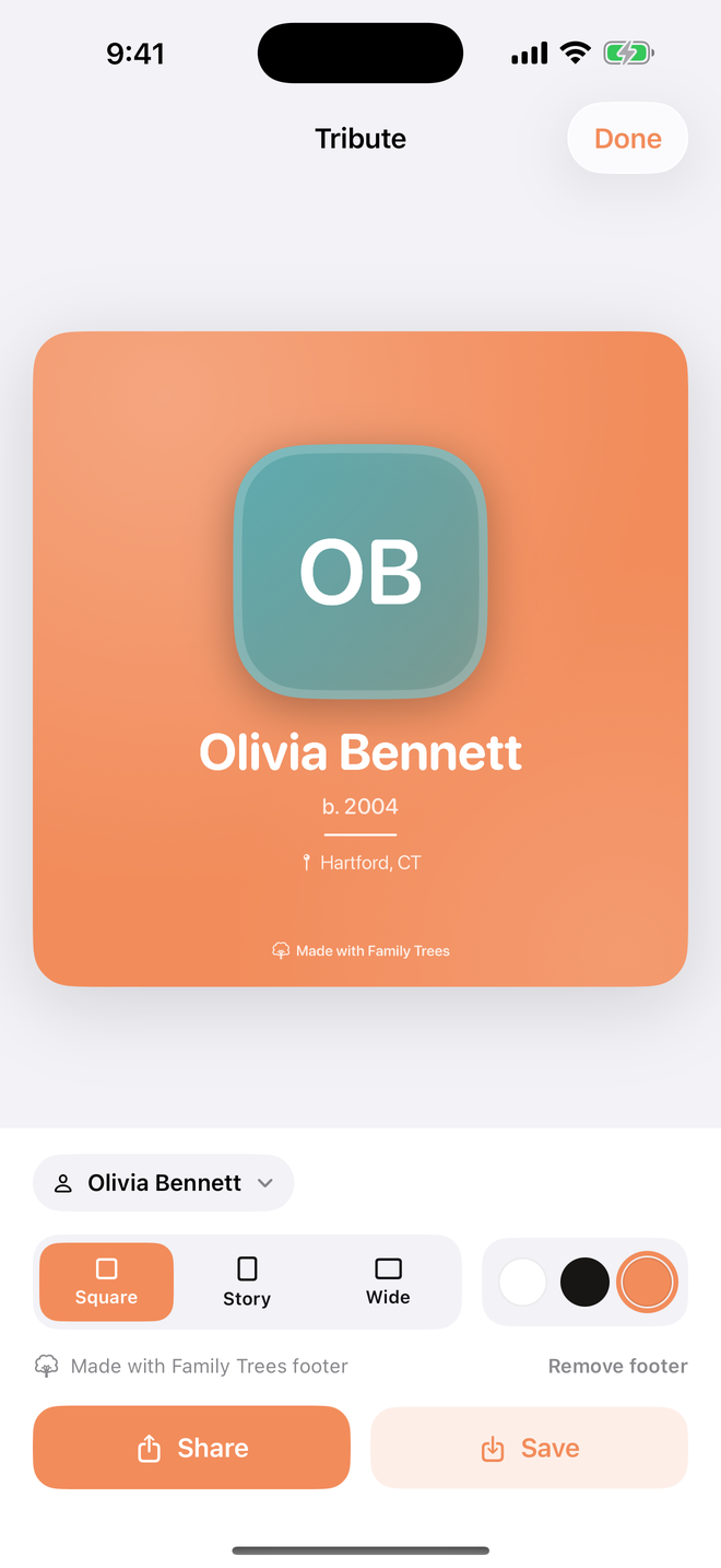 The Share screen with a tribute card preview