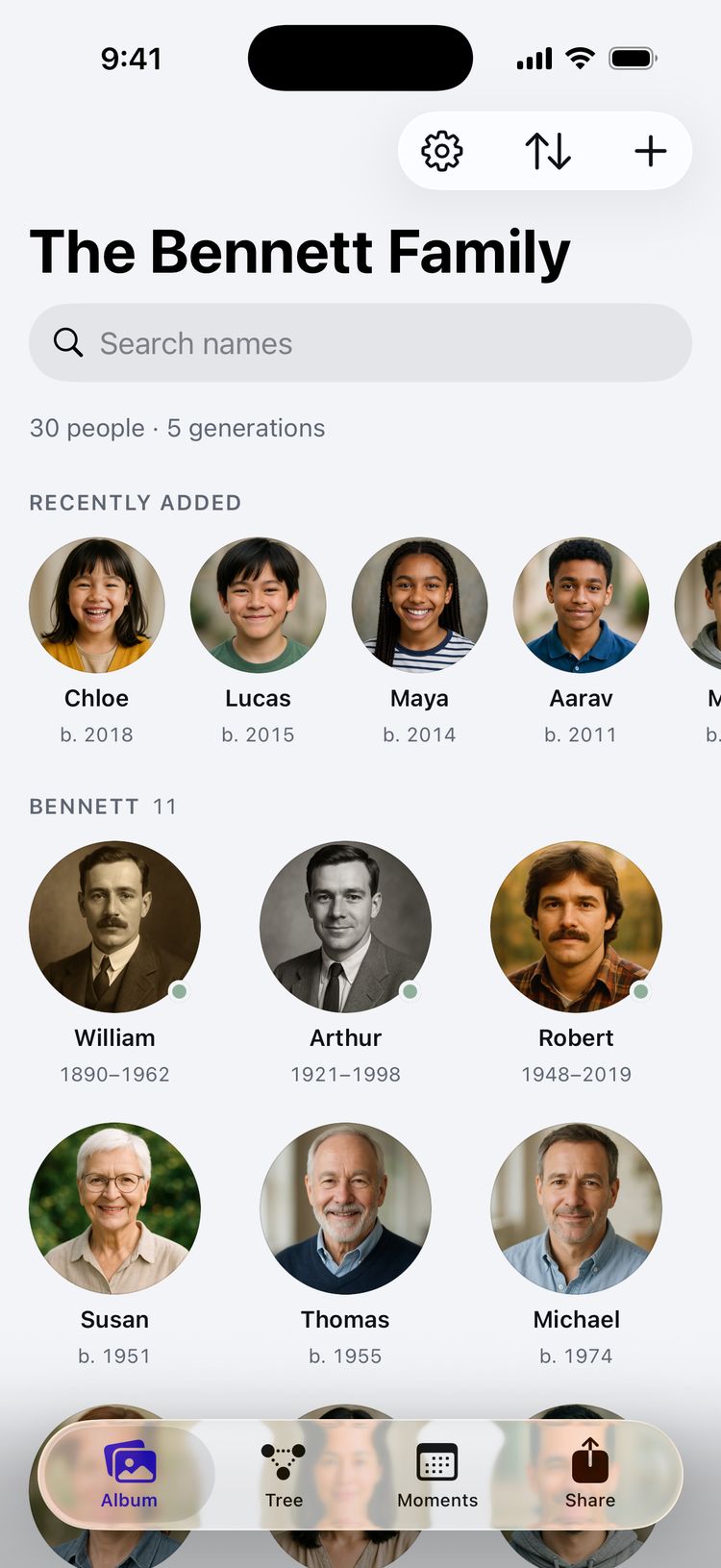 The Album: recently added grandchildren in a row, then the Bennetts as round portraits with their years.
