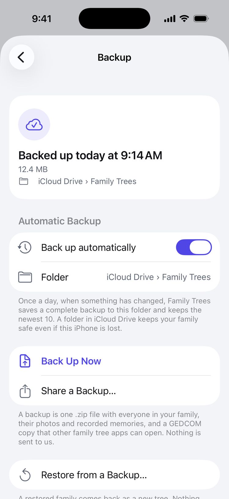 Backup settings: backed up today, 12.4 MB, to iCloud Drive › Family Trees, with Back up automatically switched on, Back Up Now, Share a Backup and Restore from a Backup.