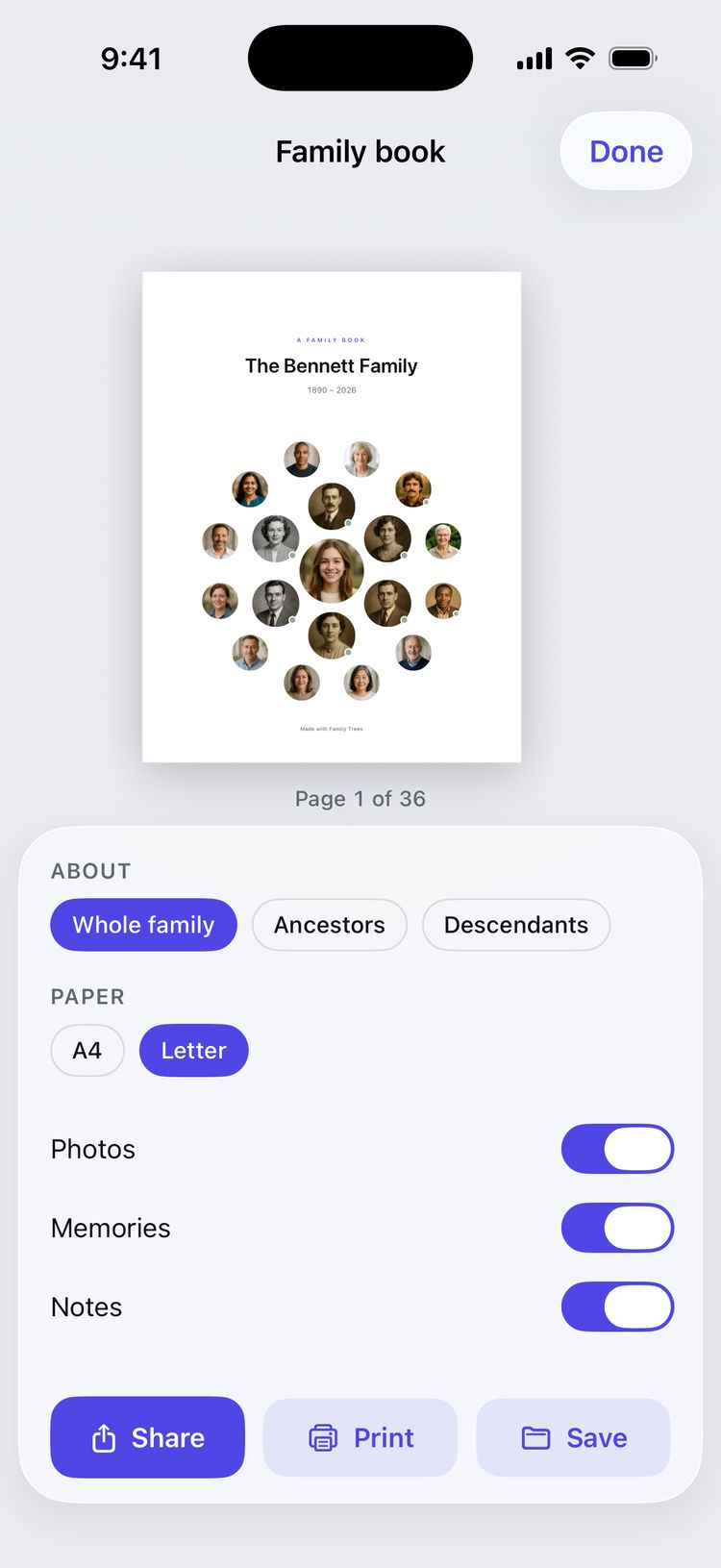 The family book: a cover titled The Bennett Family with a circle of portraits, page 1 of 36, with choices for whom it covers, the paper, and switches for photos, memories and notes.
