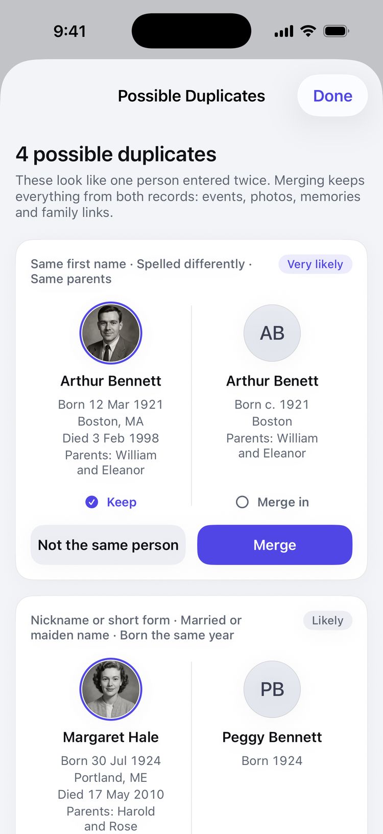 Possible duplicates: Arthur Bennett and Arthur Benett side by side, marked very likely, with Not the same person and Merge buttons.