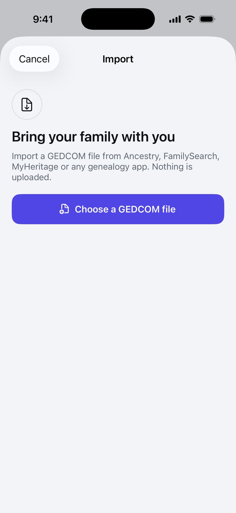 The Import screen: Bring your family with you, and a Choose a GEDCOM file button.