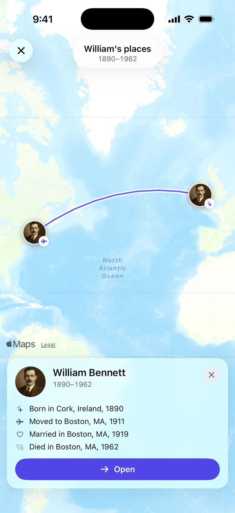 The family map: William Bennett’s journey from Cork, Ireland, to Boston, drawn as an arc across the Atlantic, with the places of his life listed in a card.