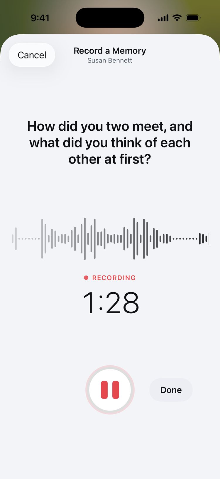Recording a memory with Susan Bennett: an interview prompt above a live waveform, and the time recorded so far.