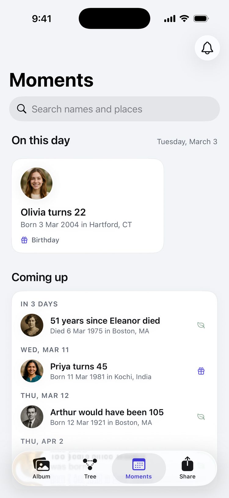 Moments: On This Day shows Olivia turns 22, and Coming up lists the next family dates.