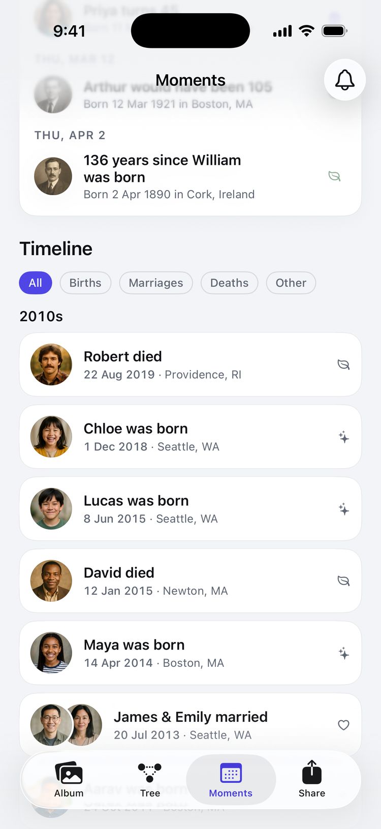 The timeline, filtered by kind of event.