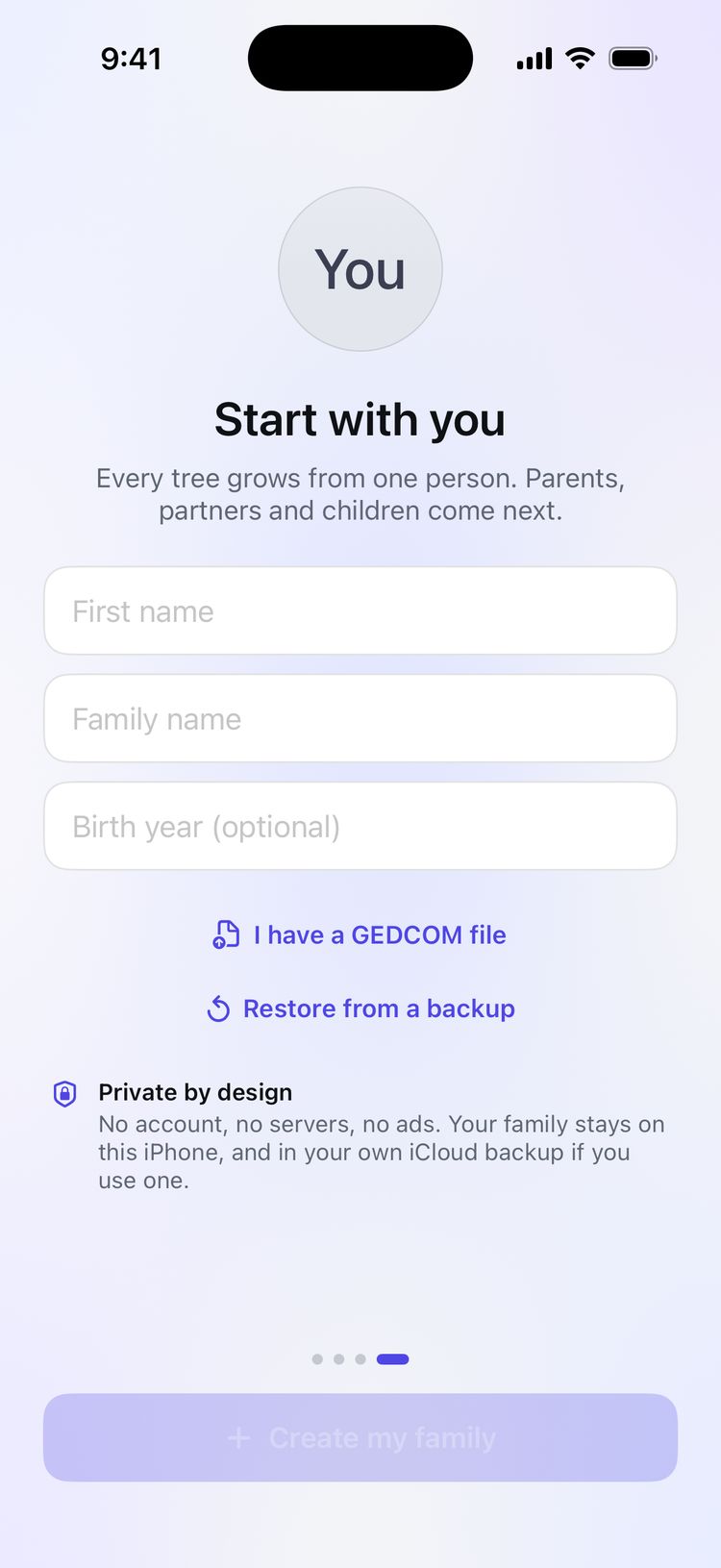 The Start with you page: fields for first name, family name and birth year, and a Create my family button.