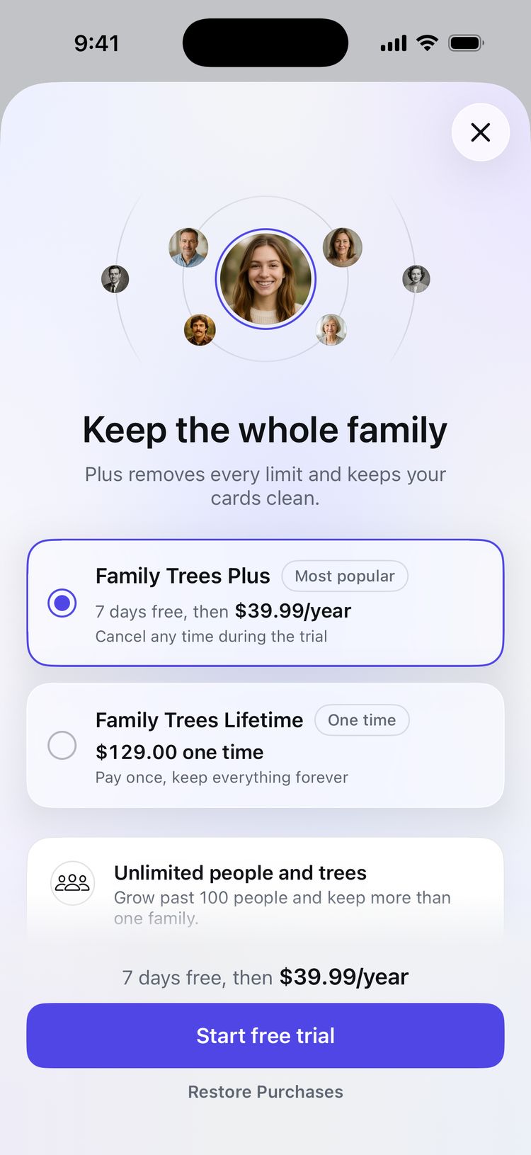 The Plus screen: Family Trees Plus with a 7-day free trial, or Lifetime, and a Start free trial button.