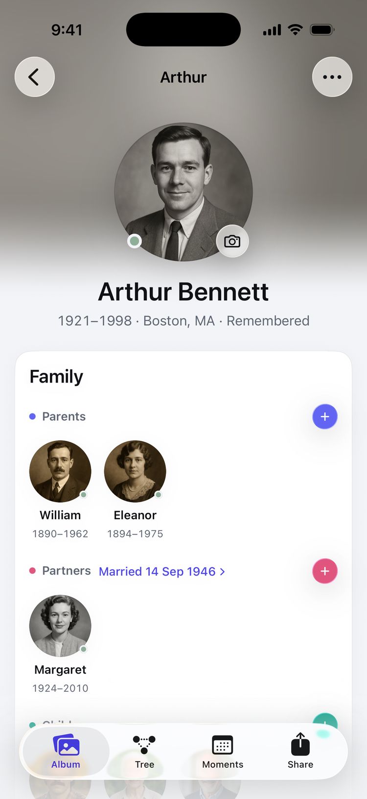 Arthur Bennett’s page, with the relationship link Married 14 Sep 1946 beside Partners.