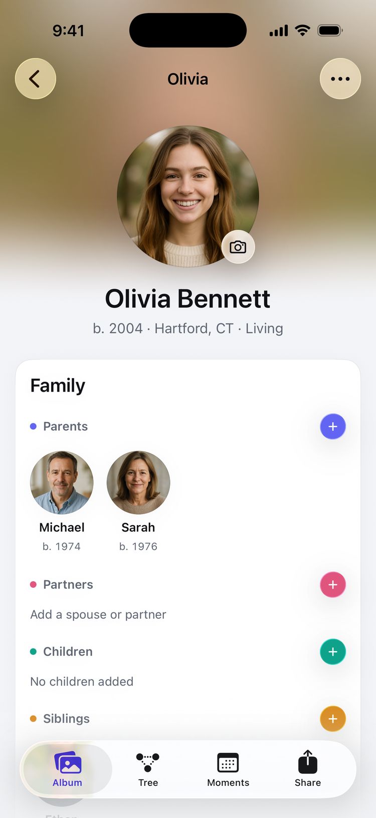 Olivia Bennett’s page in Family Trees: her round portrait over a soft blur of the same photo, her years and birthplace, and her family with colored add buttons.