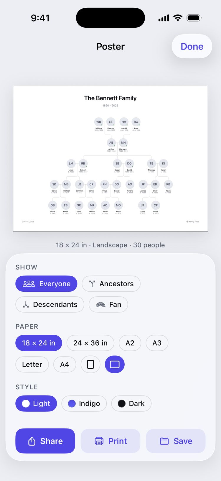 The poster studio: a preview of the whole Bennett family tree on an 18 × 24 in landscape poster, with choices for what it shows, the paper (18 × 24 in, 24 × 36 in, A2, A3, Letter and A4), orientation and style.