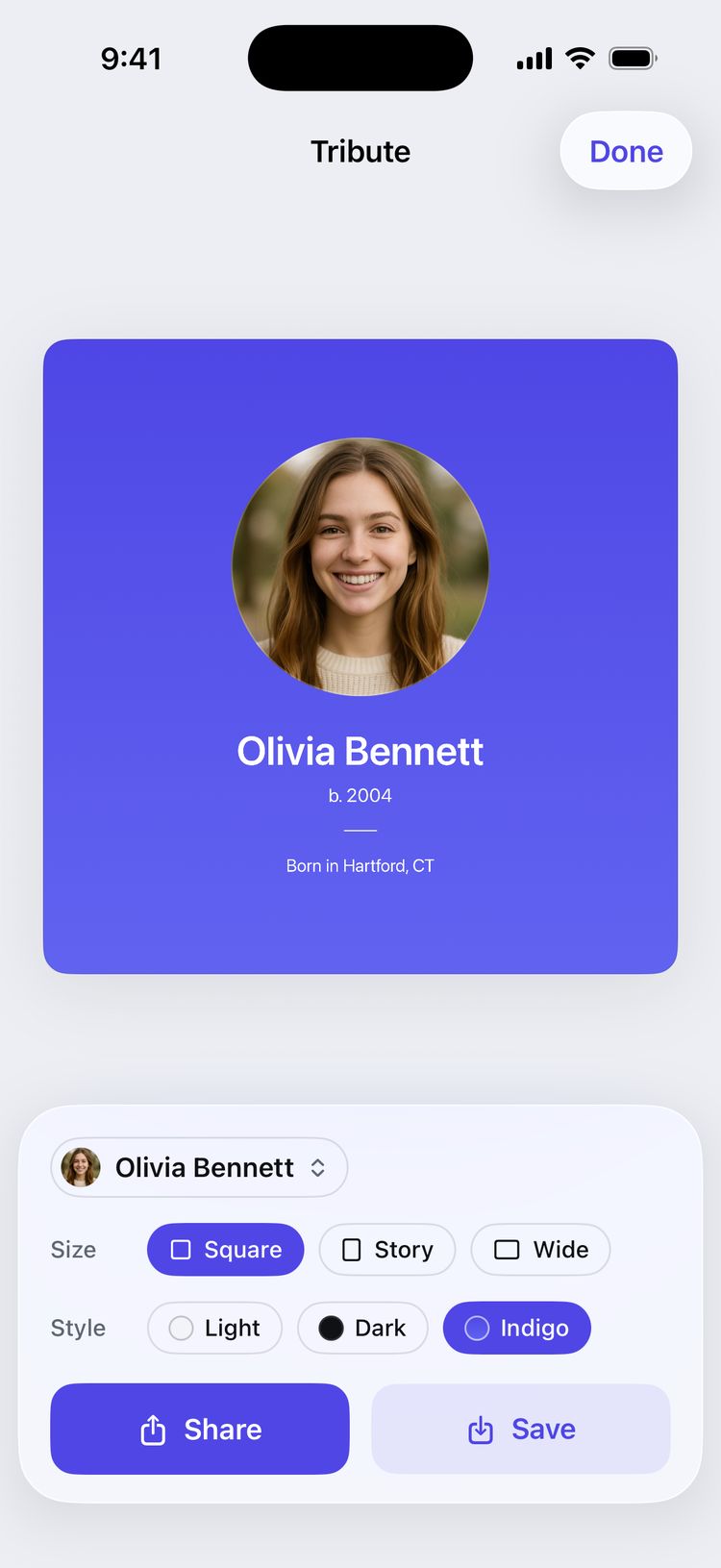 The card studio with a tribute card for Olivia Bennett on an indigo background, and Share and Save buttons.