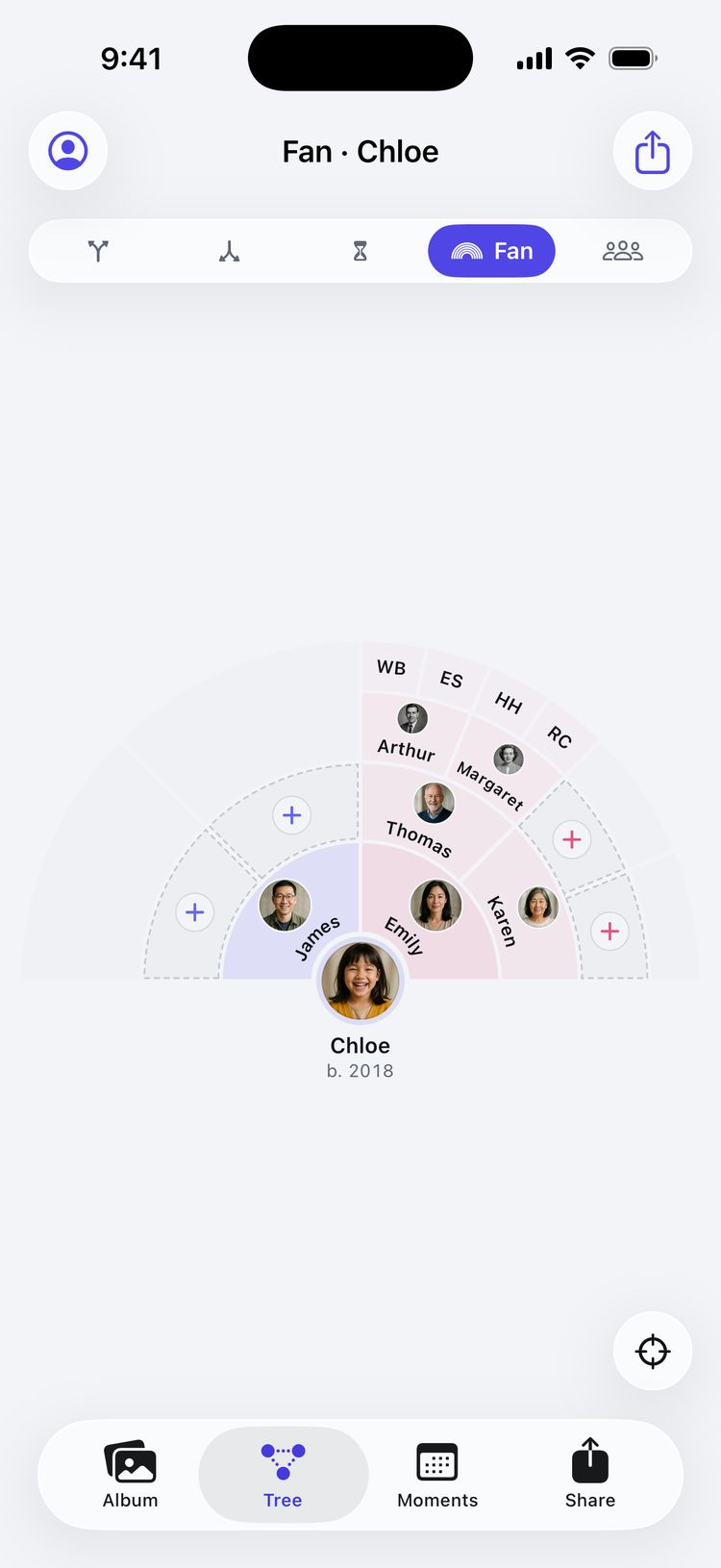 A fan chart of Chloe’s ancestors in a half circle, with empty spaces marked by a plus sign.