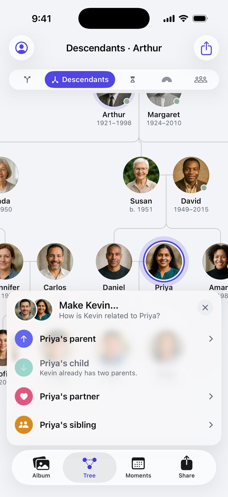 Kevin dropped onto Priya. A card asks how Kevin is related to Priya: her parent, partner or sibling, with child greyed out because Kevin already has two parents.