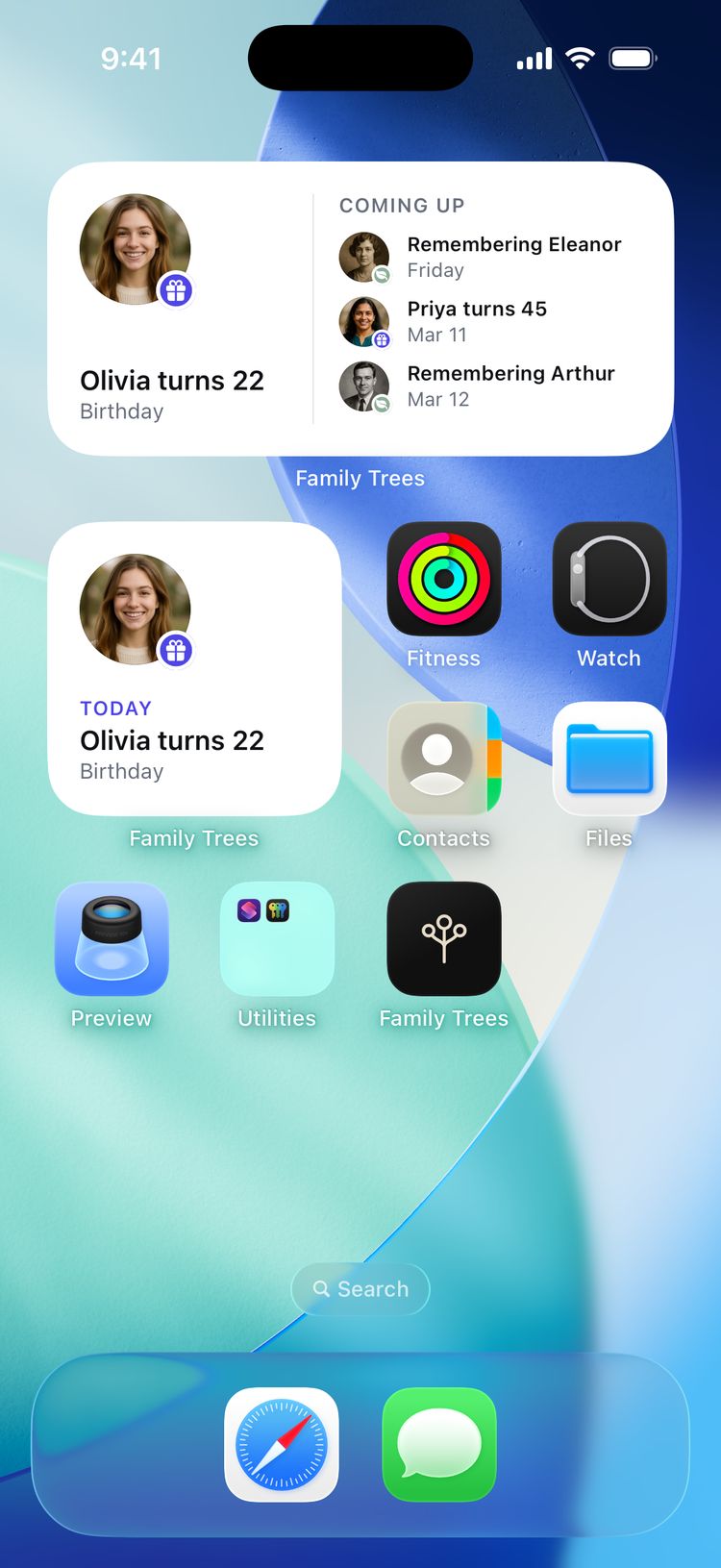 An iPhone Home Screen with two Family Trees widgets: On This Day shows Olivia turning 22, with Eleanor, Priya and Arthur coming up, and a small Coming Up widget shows her birthday today.