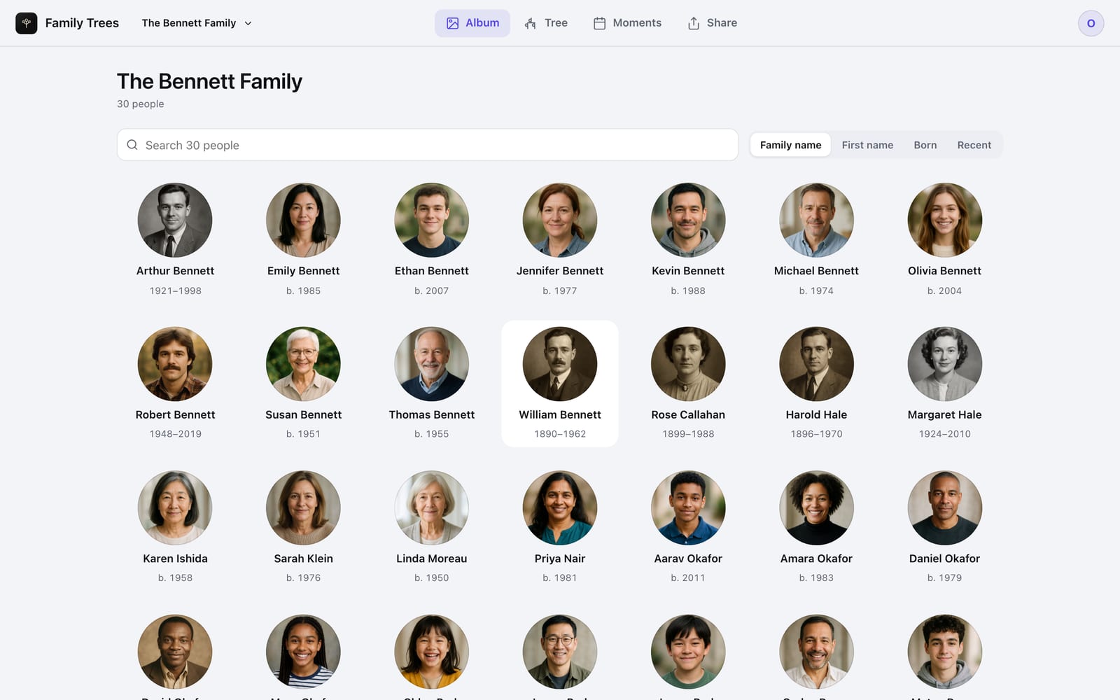 The Family Trees web app: the Bennett family album, thirty relatives shown as round photo portraits with their names and years.