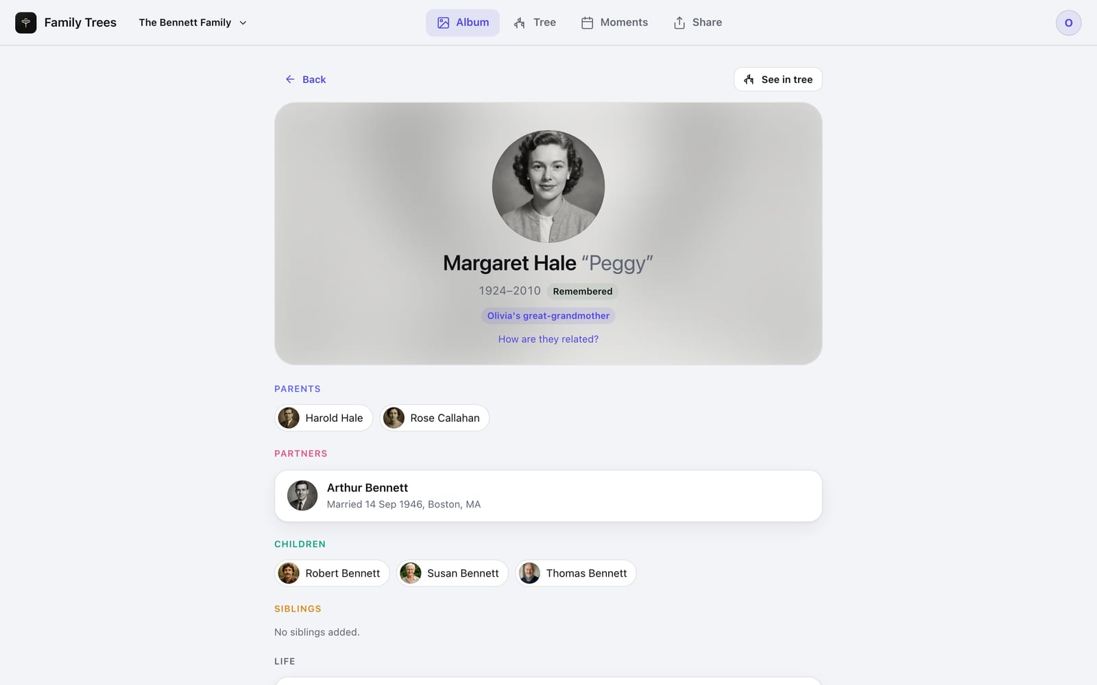Margaret “Peggy” Hale’s page in the Family Trees web app: her portrait, her years, “Olivia’s great-grandmother”, and her parents, partner and children.