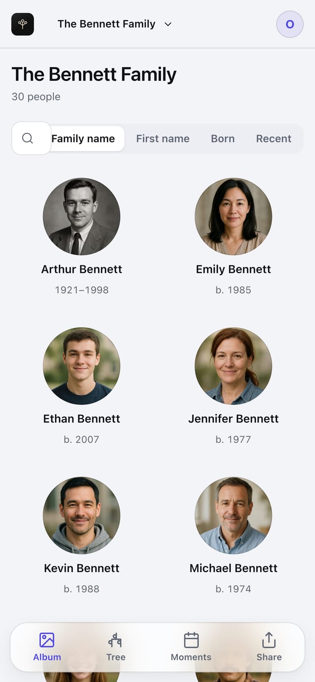 The Family Trees web app on a phone: the Bennett family album as a two-column grid of round portraits.