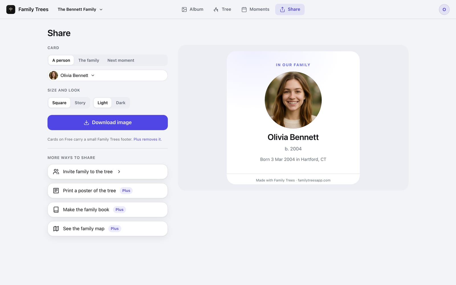 The Share screen in the browser: a card for Olivia Bennett with her portrait and birthday, and options to invite family, print a poster, make the family book or see the family map.